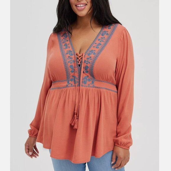Torrid Floral Embroidered Rust Orange & Blue Flowy Tunic Top Women’s size 1X - Picture 1 of 9